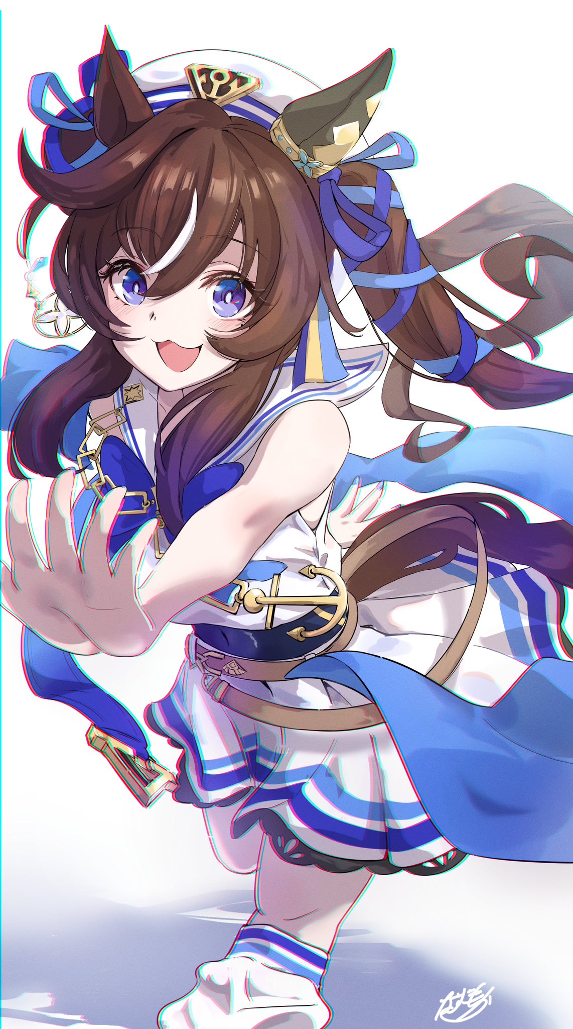 :3, anchor_ornament, animal_ears, bare_arms, blue_bow, blue_bowtie, blue_eyes, blue_ribbon, bow, bowtie, brown_hair, ear_covers, hair_ribbon, hat, highres, horse_ears, horse_girl, horse_tail, long_hair, multicolored_hair, nazmocha, open_mouth, outstretched_hand, pleated_skirt, ribbon, sailor_collar, shirt, single_ear_cover, skirt, socks, tail, twintails, umamusume, vivlos_(umamusume), white_hair, white_headwear, white_shirt, white_skirt, white_socks