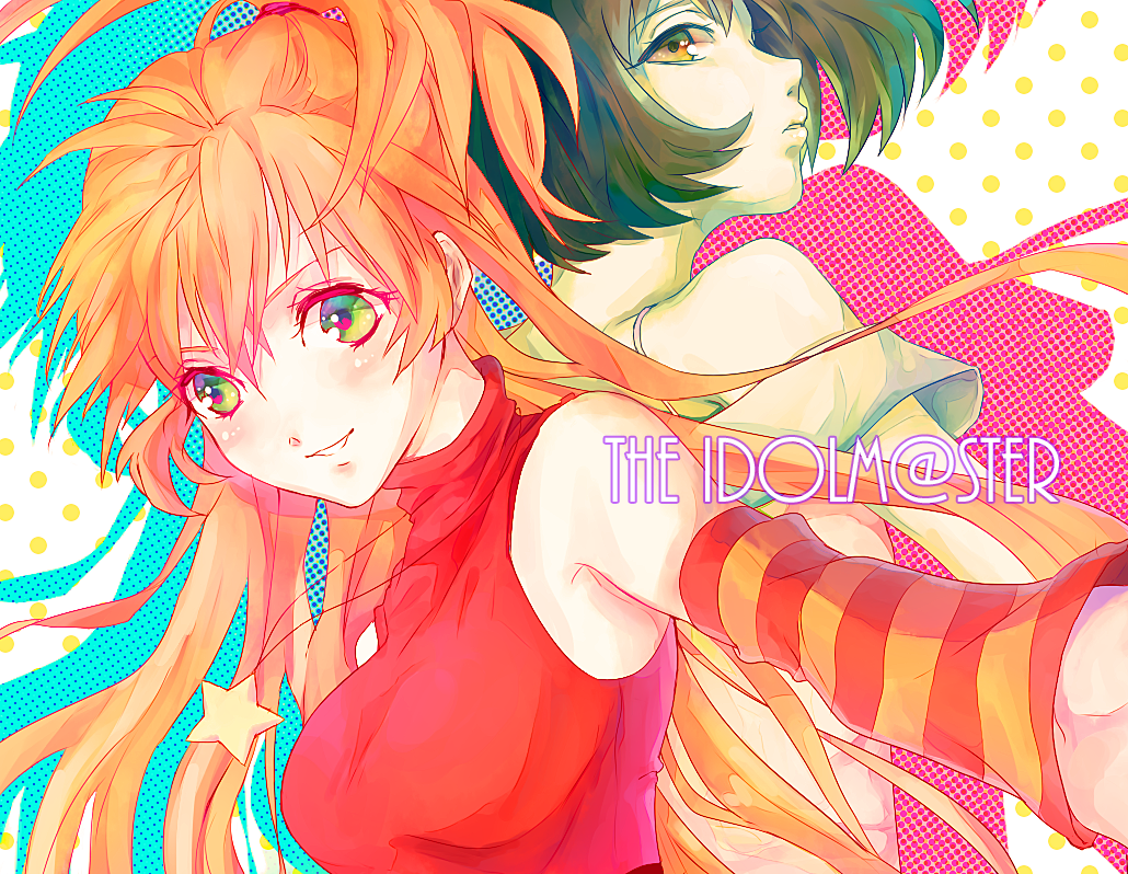 bad_id, bare_shoulders, breasts, brown_eyes, brown_hair, detached_sleeves, green_eyes, idolmaster
