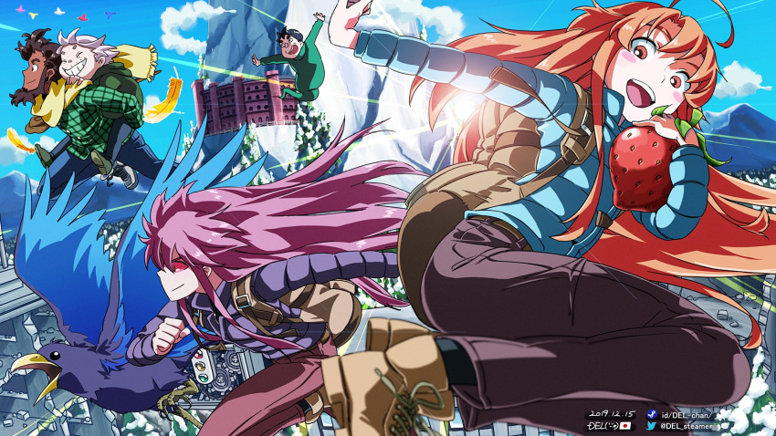 2boys, 3girls, ahoge, artist_name, backpack, badeline, bag, belt