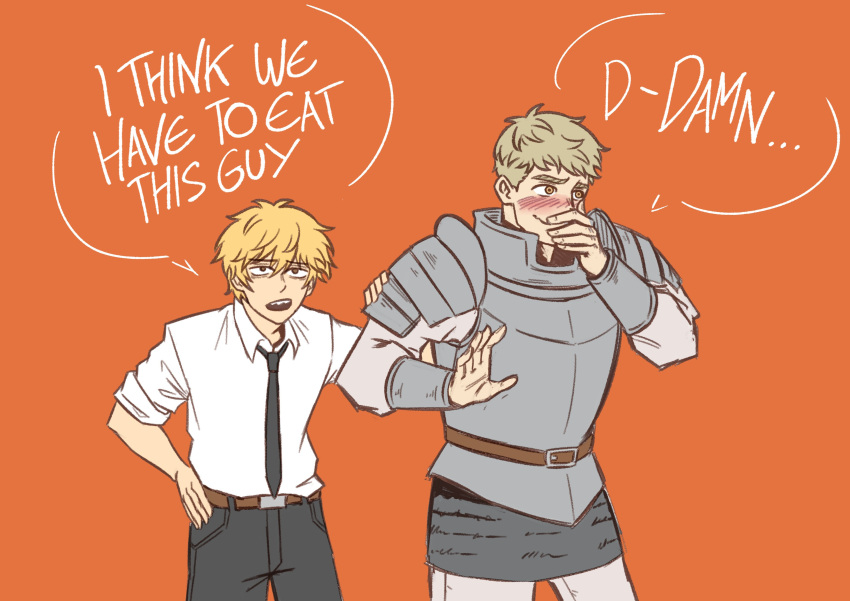2boys, absurdres, armor, belt, black_necktie, black_pants, blonde_hair, blush