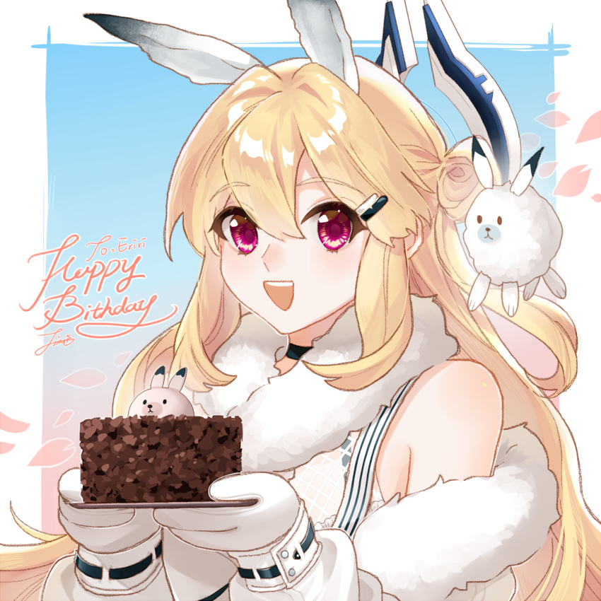 1girl, :d, animal-themed_food, animal_ears, blonde_hair, blue_background, blue_choker, buttoned_cuffs