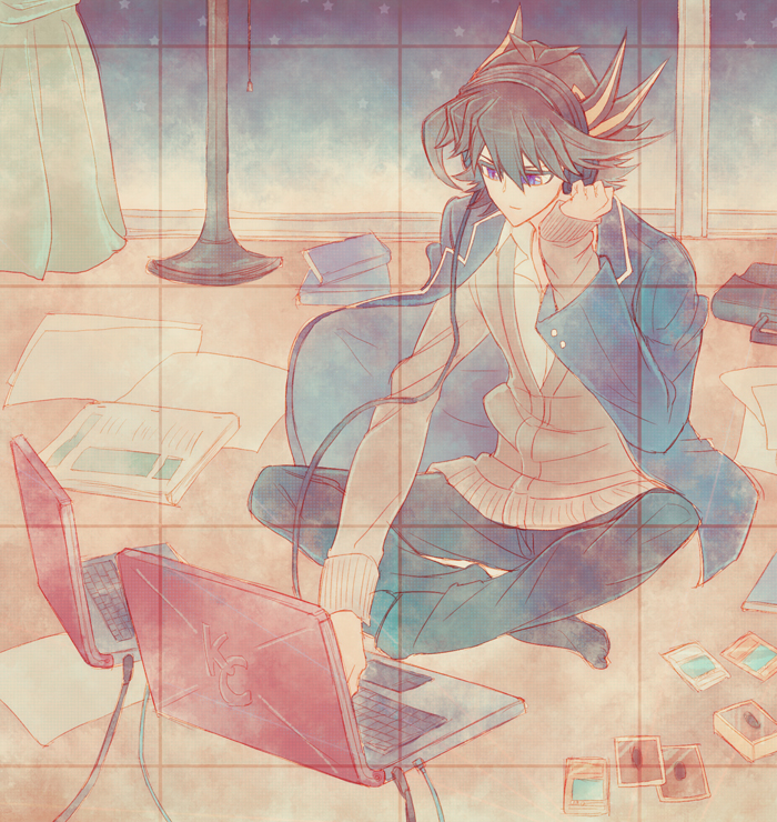1boy, adjusting_headphones, alternate_costume, black_bag, black_hair, black_headphones, black_pants, black_socks
