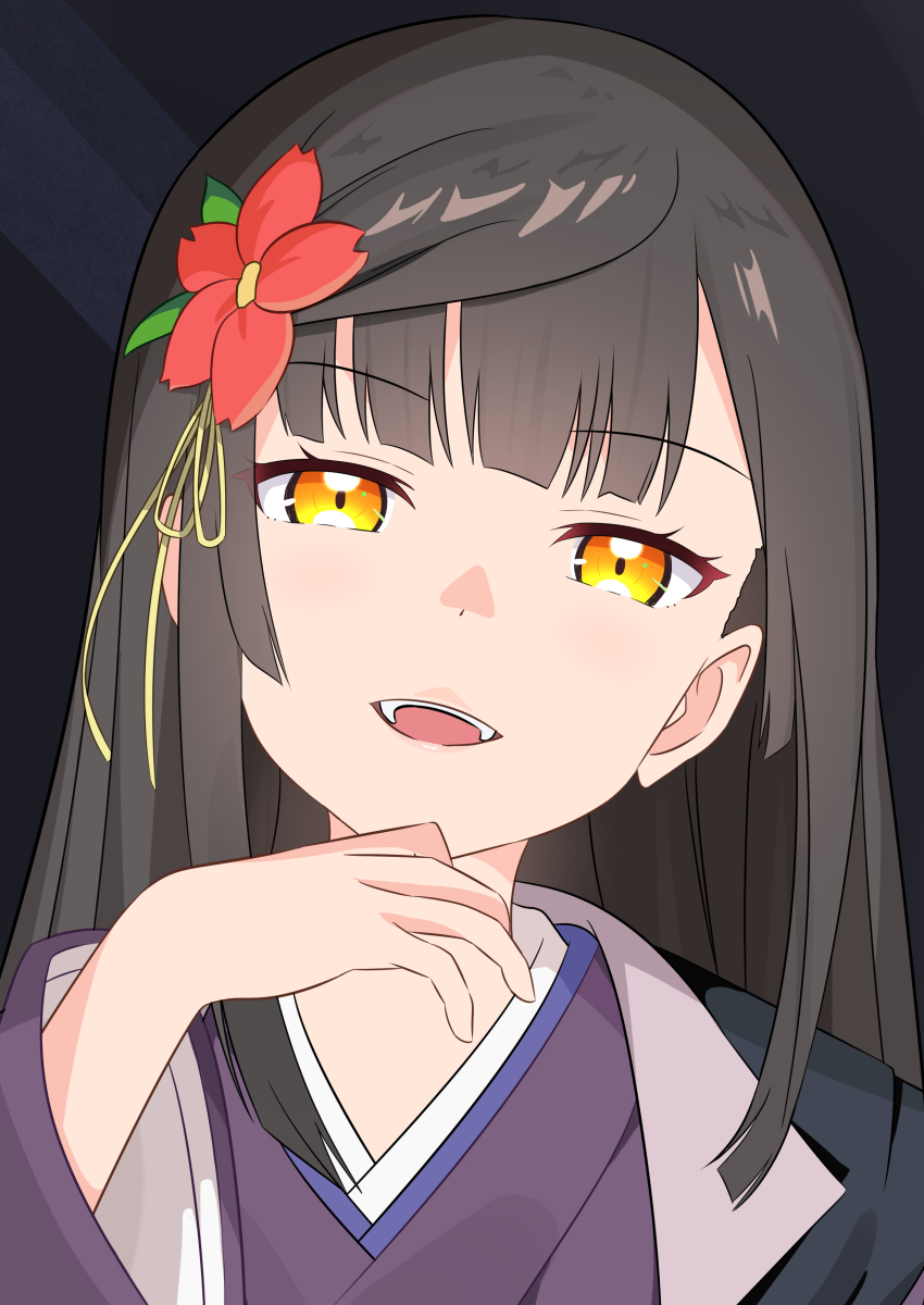 1girl, black_hair, black_jacket, character_request, commentary_request, derivative_work, flower, hair_flower