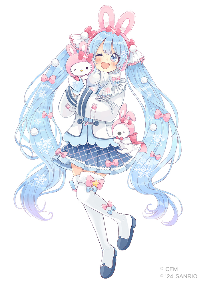 1girl, animal_ears, blue_eyes, blue_hair, blue_mittens, blue_skirt, blush, boots