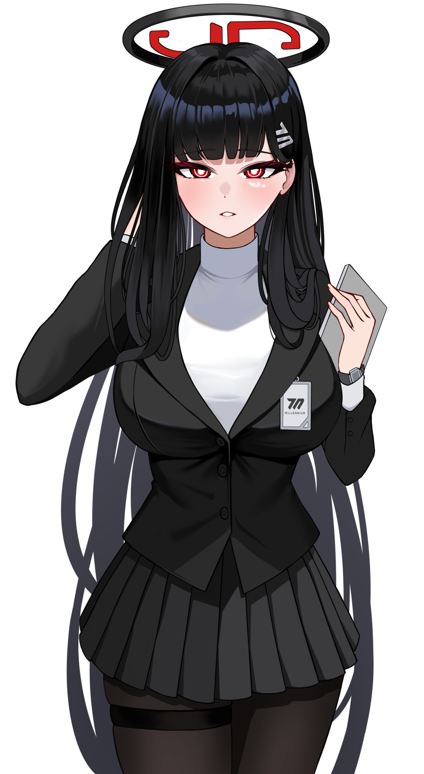 1girl, 82jhin, absurdres, black_hair, black_pantyhose, black_skirt, blue_archive, blush
