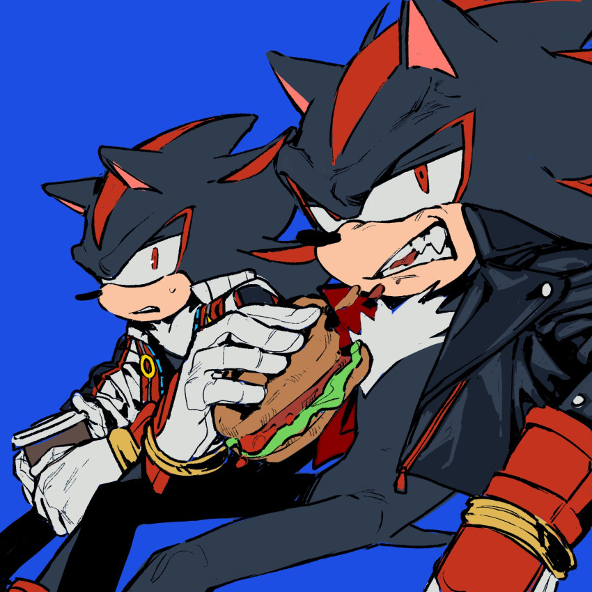 2boys, animal_ears, animal_nose, black_jacket, blue_background, burger, commentary, diamondx1704