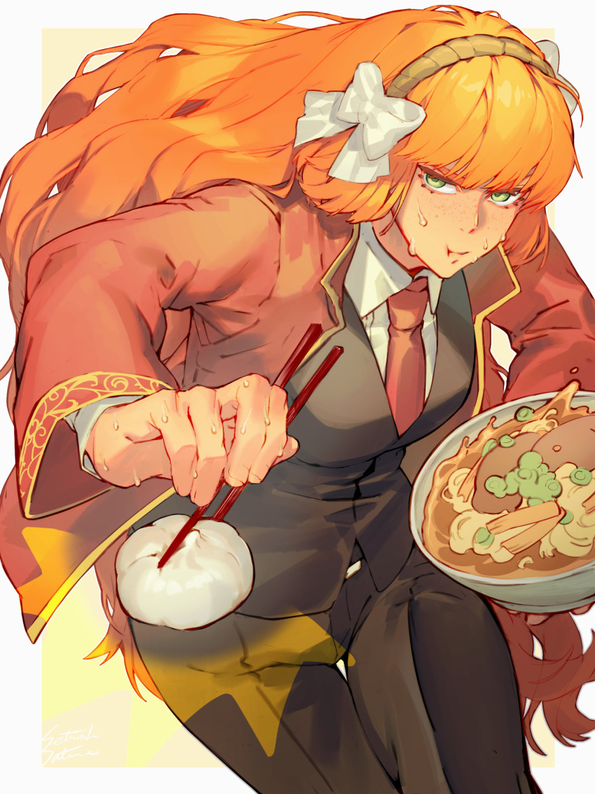 1girl, baozi, black_jacket, black_pants, bowl, brown_hairband, chopsticks, closed_mouth, collared_shirt, cowboy_shot, eating, food, freckles, green_eyes, hairband, highres, holding, holding_bowl, holding_chopsticks, ishmael_(project_moon), jacket, limbus_company, long_hair, looking_at_viewer, necktie, noodles, orange_hair, pants, project_moon, ramen, red_jacket, red_necktie, rope, satome_setsuko, shirt, sidelocks, simple_background, solo, sweat, very_long_hair, white_background, white_shirt