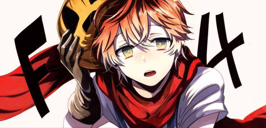 1boy, brown_gloves, eddie_(satsuriku_no_tenshi), gloves, green_eyes, highres, looking_at_viewer, open_mouth
