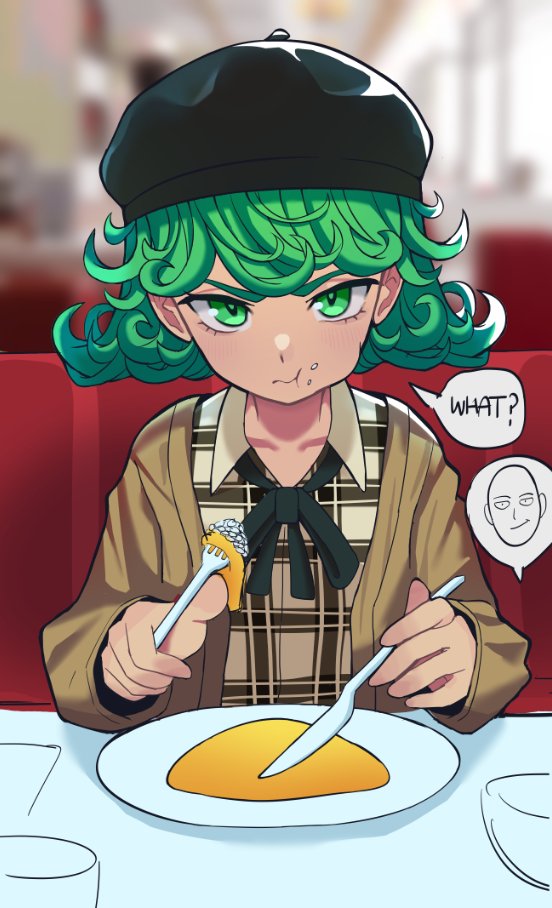 1girl, black_headwear, black_ribbon, brown_jacket, collarbone, curly_hair, eating, food