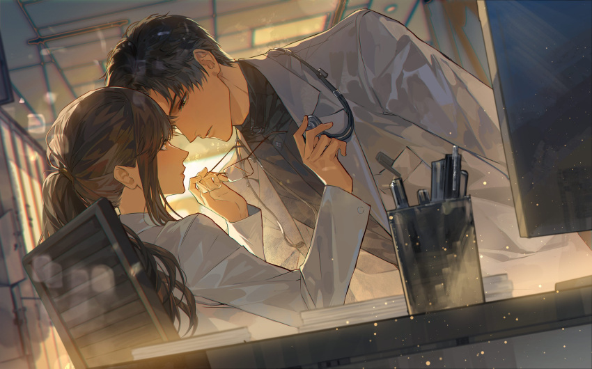 1boy, 1girl, absurdres, black_eyes, black_hair, black_shirt, blush, book