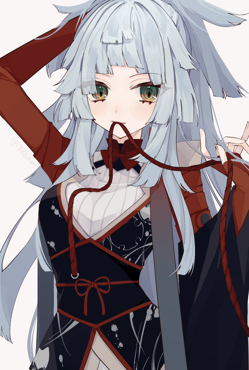 1388chan, 1girl, biting, black_hakama, black_sash, blush, closed_mouth, collar