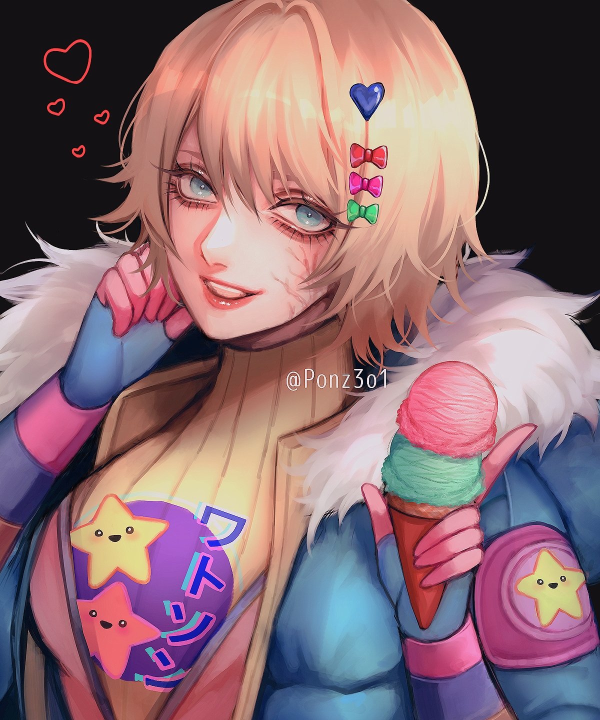 1girl, apex_legends, black_background, blue_eyes, blue_jacket, bodysuit, bow, character_name, fur-trimmed_hood, fur_trim, green_bow, hair_bow, hair_ornament, heart, heart_hair_ornament, highres, hood, hood_down, hooded_jacket, jacket, kawaii_voltage_wattson, pink_bodysuit, pink_bow, portrait, red_bow, ribbed_sweater, smile, solo, sweater, tama_(ponz3o1), twitter_username, upper_body, wattson_(apex_legends), yellow_sweater