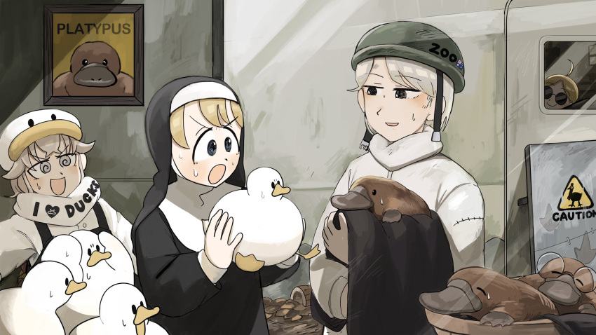 4girls, :d, :o, @_@, ahoge, australian_flag_print, bird, black_overalls