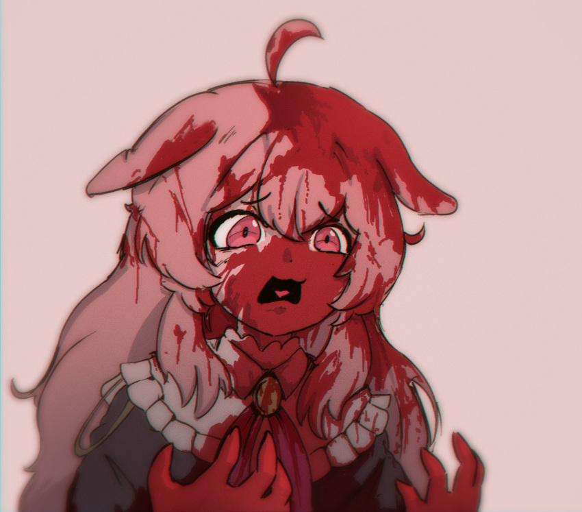 1girl, ahoge, animal_ears, black_sweater, blood, blood_on_clothes, blood_on_face, commentary, confused, english_commentary, frills, gold_necklace, h@nk, highres, invincible_(series), jewelry, long_hair, meme, neckerchief, necklace, open_mouth, phase_connect, pink_eyes, pink_hair, pipkin_pippa, pipkin_pippa_(2nd_costume), rabbit_ears, rabbit_girl, red_ribbon, ribbon, scared, solo, surprised, sweater, virtual_youtuber