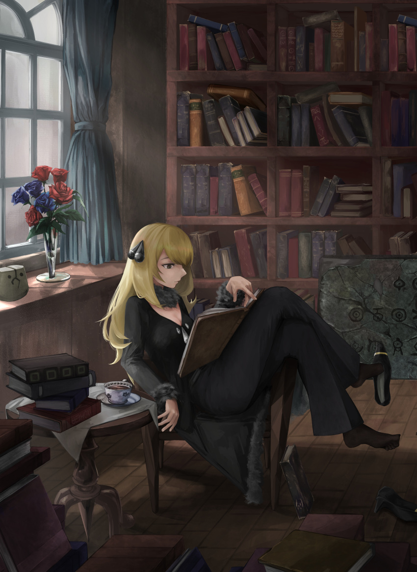 1girl, absurdres, black_coat, black_footwear, black_pants, blonde_hair, book, bookshelf