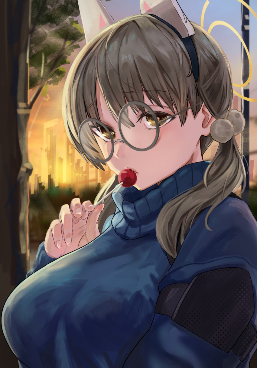 1girl, 200-ko_no_chikara, absurdres, animal_ears, blue_archive, blue_sweater, breasts, brown_eyes
