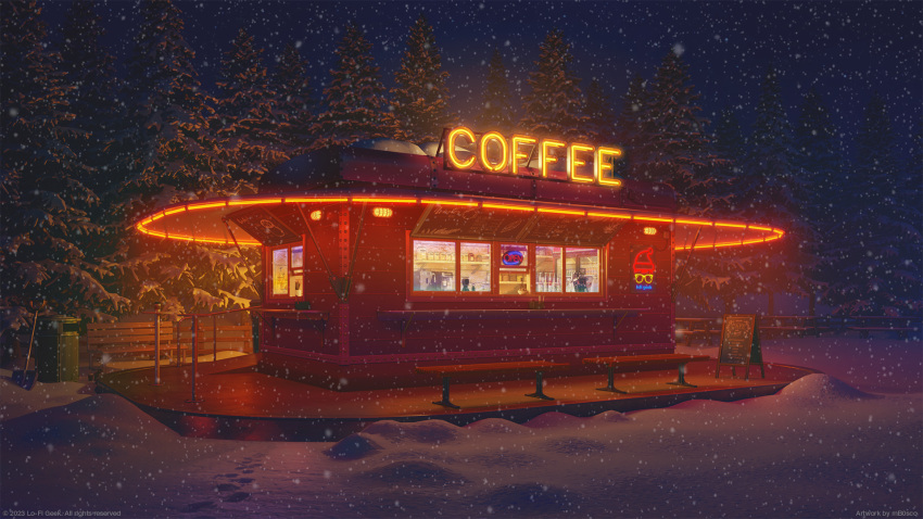 3d, bench, cafe, footprints, highres, mb0sco, neon_lights, night