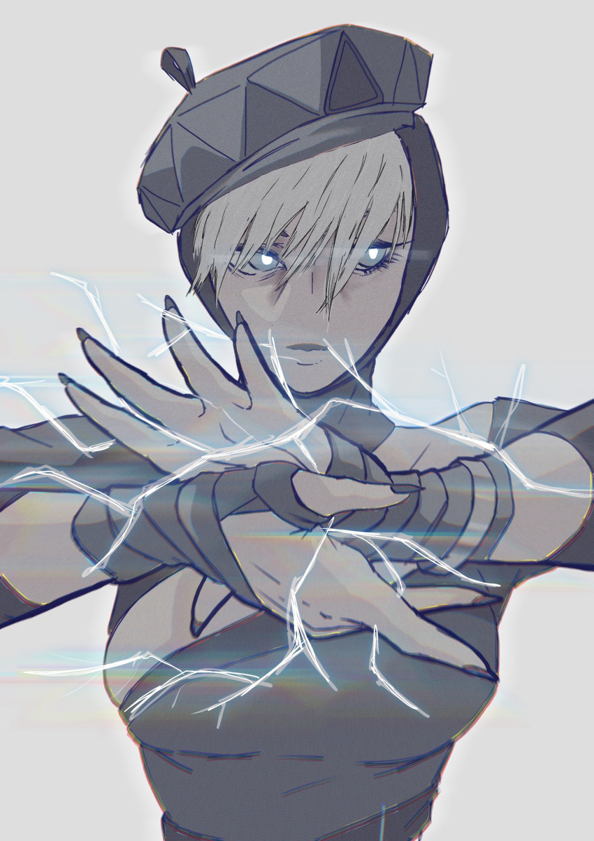 1girl, animification, apex_legends, beret, black_gloves, blue_eyes, blue_headwear, blue_shirt, chainsaw_man, collarbone, electricity, gloves, glowing_pupils, grey_background, hat, haute_drop_wattson, highres, hood, hood_up, looking_to_the_side, official_alternate_costume, parody, shirt, solo, ueda_(ueda8039), upper_body, wattson_(apex_legends), white_hair