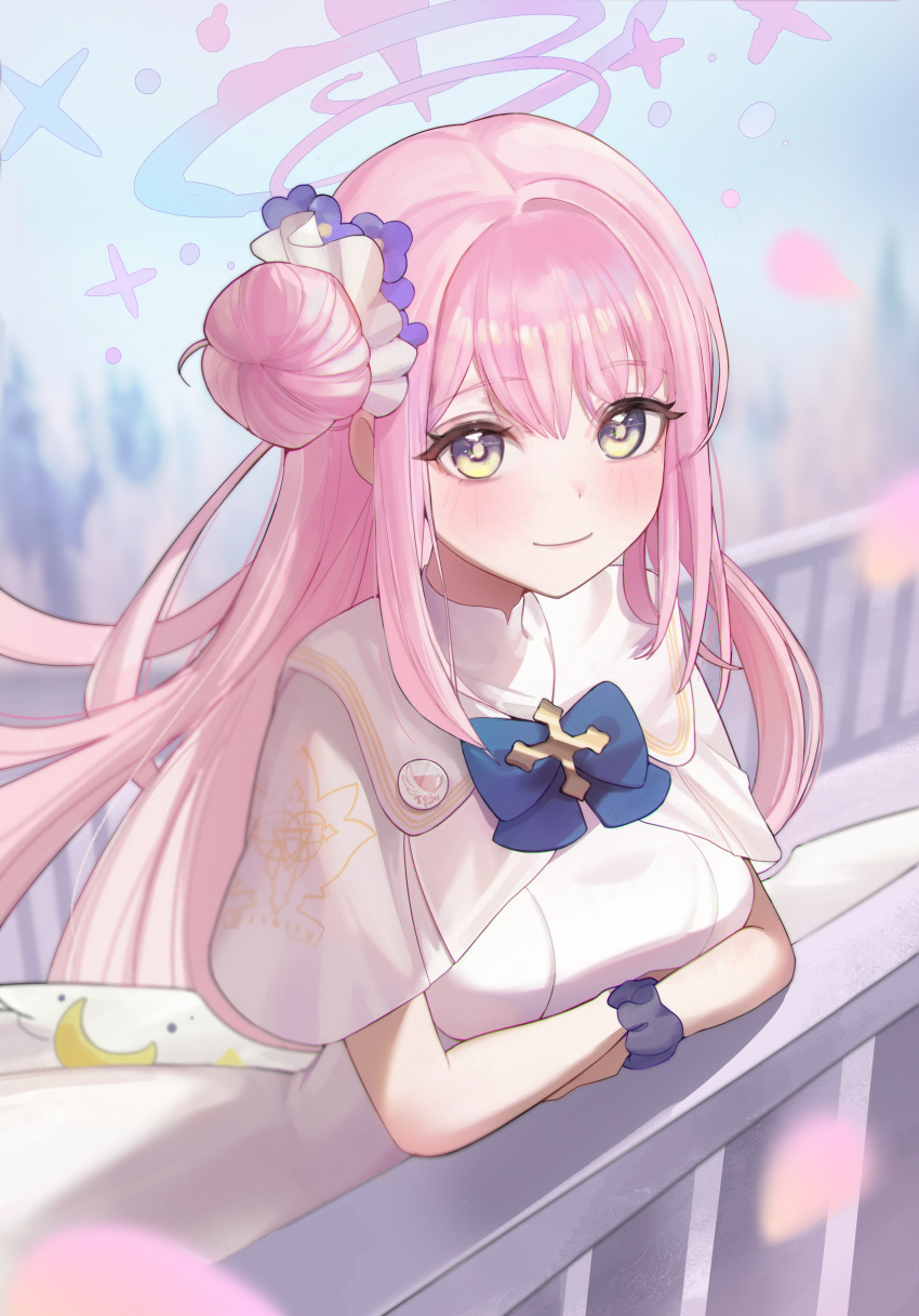 1girl, absurdres, badge, blue_archive, blue_bow, blurry, blurry_background, blurry_foreground