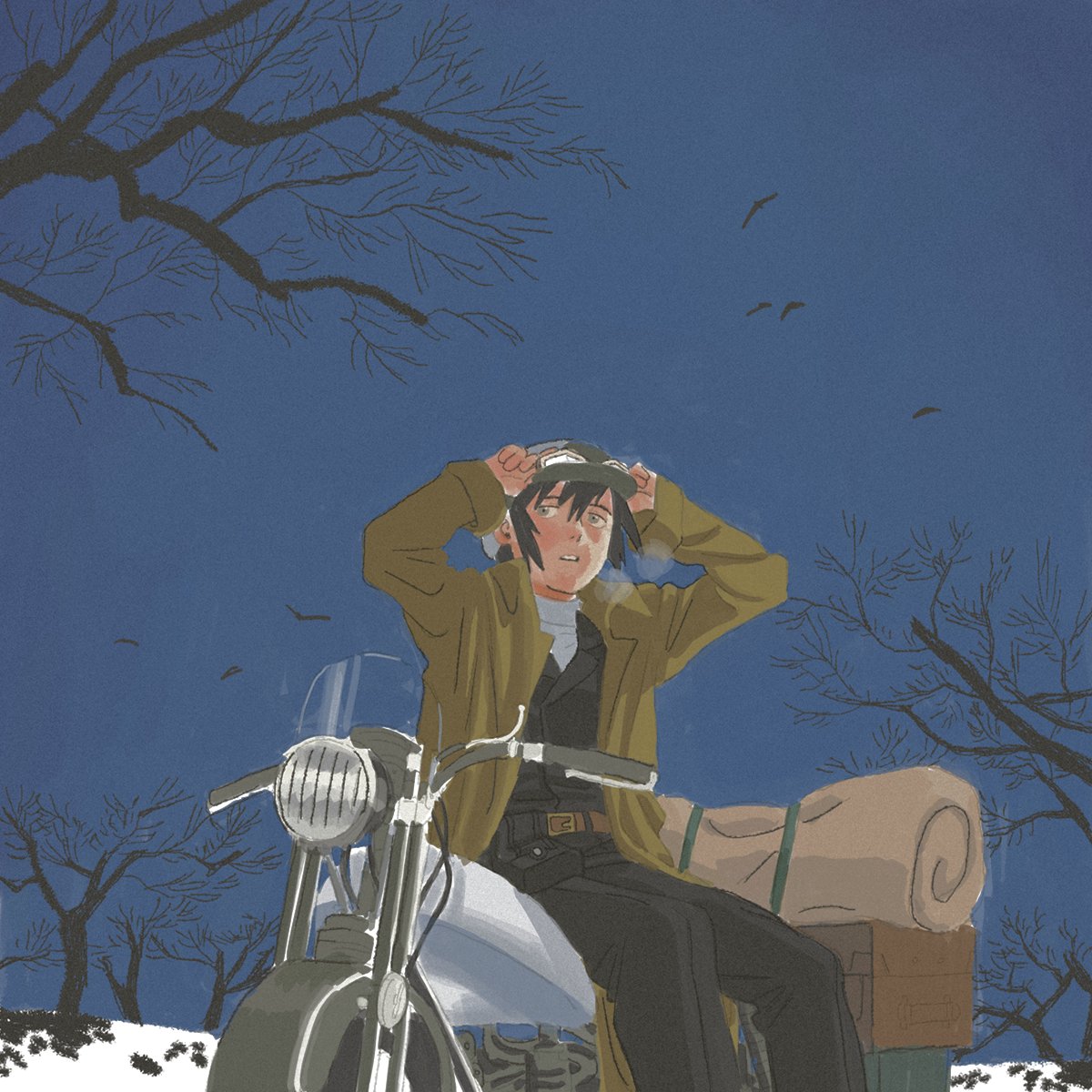 1girl, adjusting_eyewear, amber389, androgynous, arms_up, bare_tree, belt, black_hair