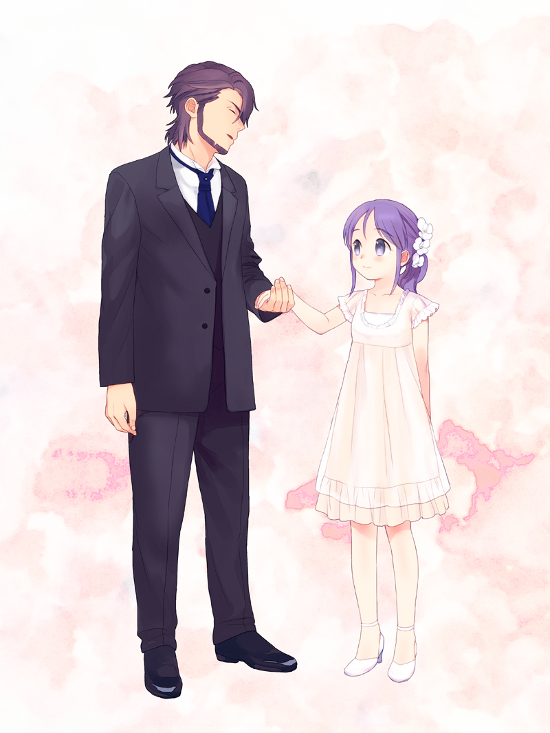 beard, dress, facial_hair, family, father_and_daughter, formal, hands, higebu