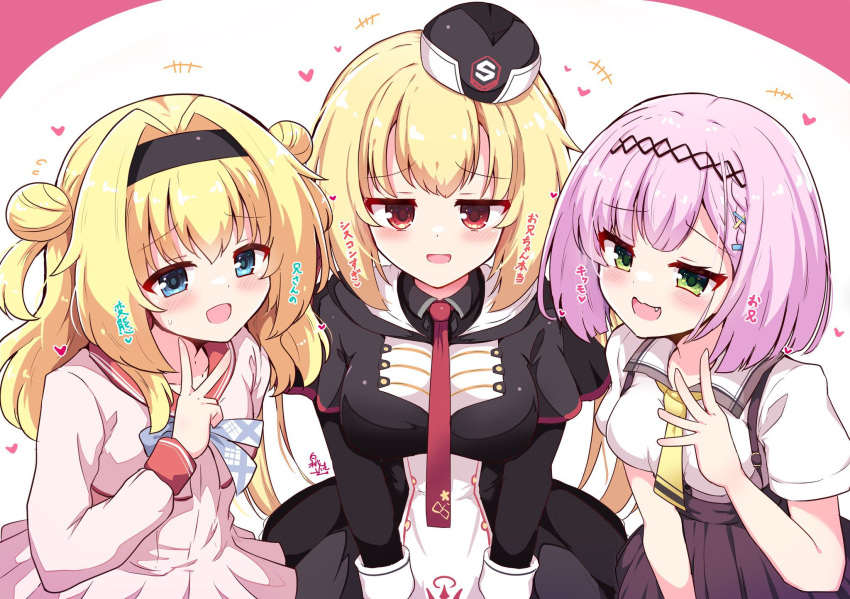 +++, 3girls, :d, arihara_nanami, black_capelet, black_dress, black_hairband, black_headwear