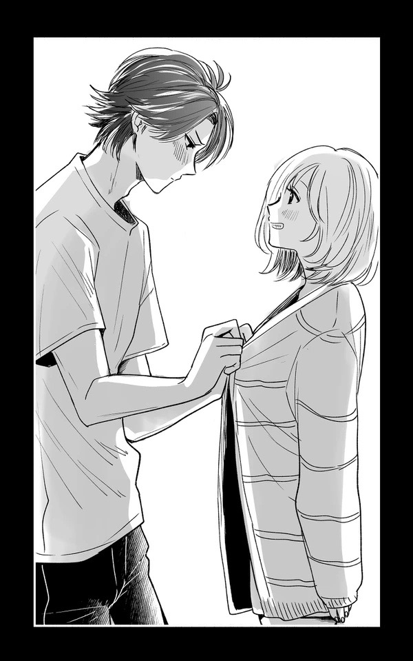1boy, 1girl, blush, bob_cut, couple, cowboy_shot, from_side, greyscale