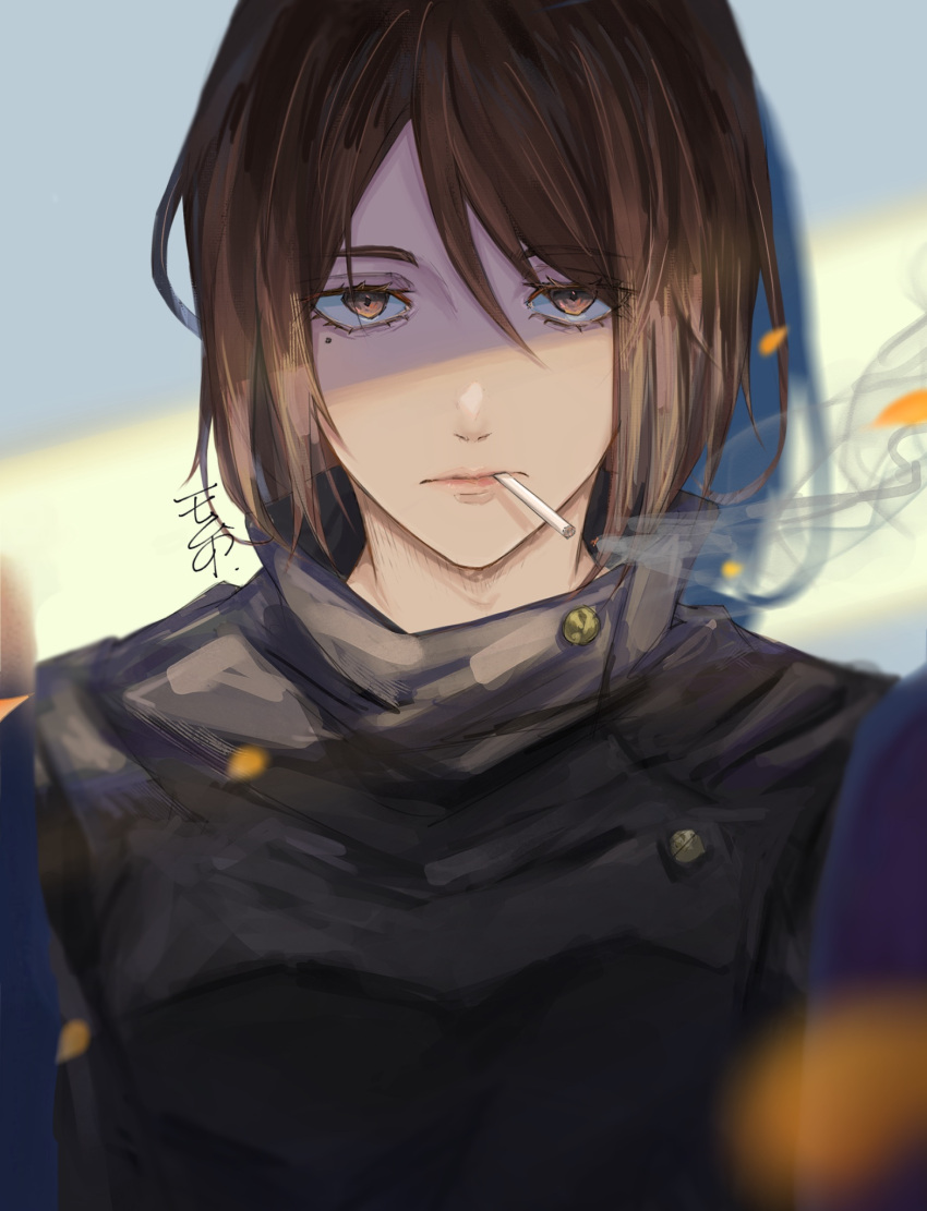 1girl, black_jacket, brown_eyes, brown_hair, cigarette, closed_mouth, highres, ieiri_shoko