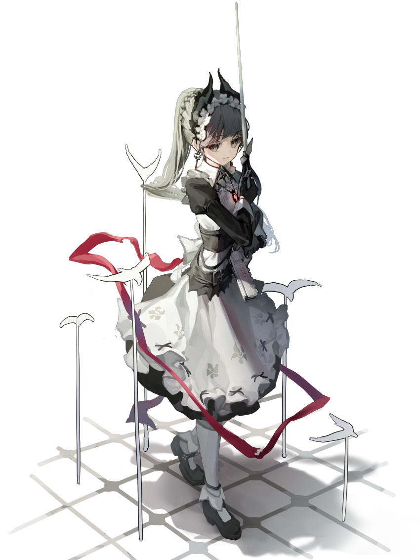 1girl, absurdres, ankle_scrunchie, apron, arknights, bird, black_dress, black_footwear