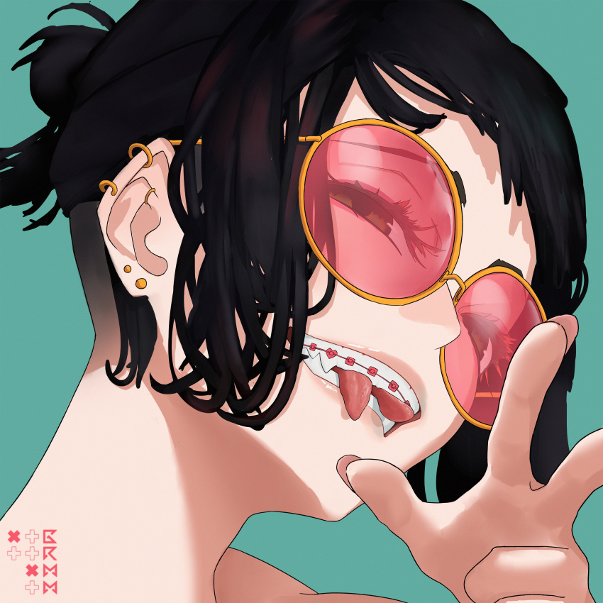 1girl, absurdres, black_hair, braces, brown_eyes, character_request, commentary, copyright_request