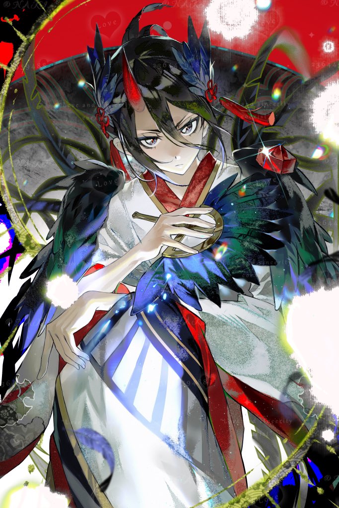 1girl, black_hair, bleach, choro-nakini, feathers, hair_ornament, horns, japanese_clothes
