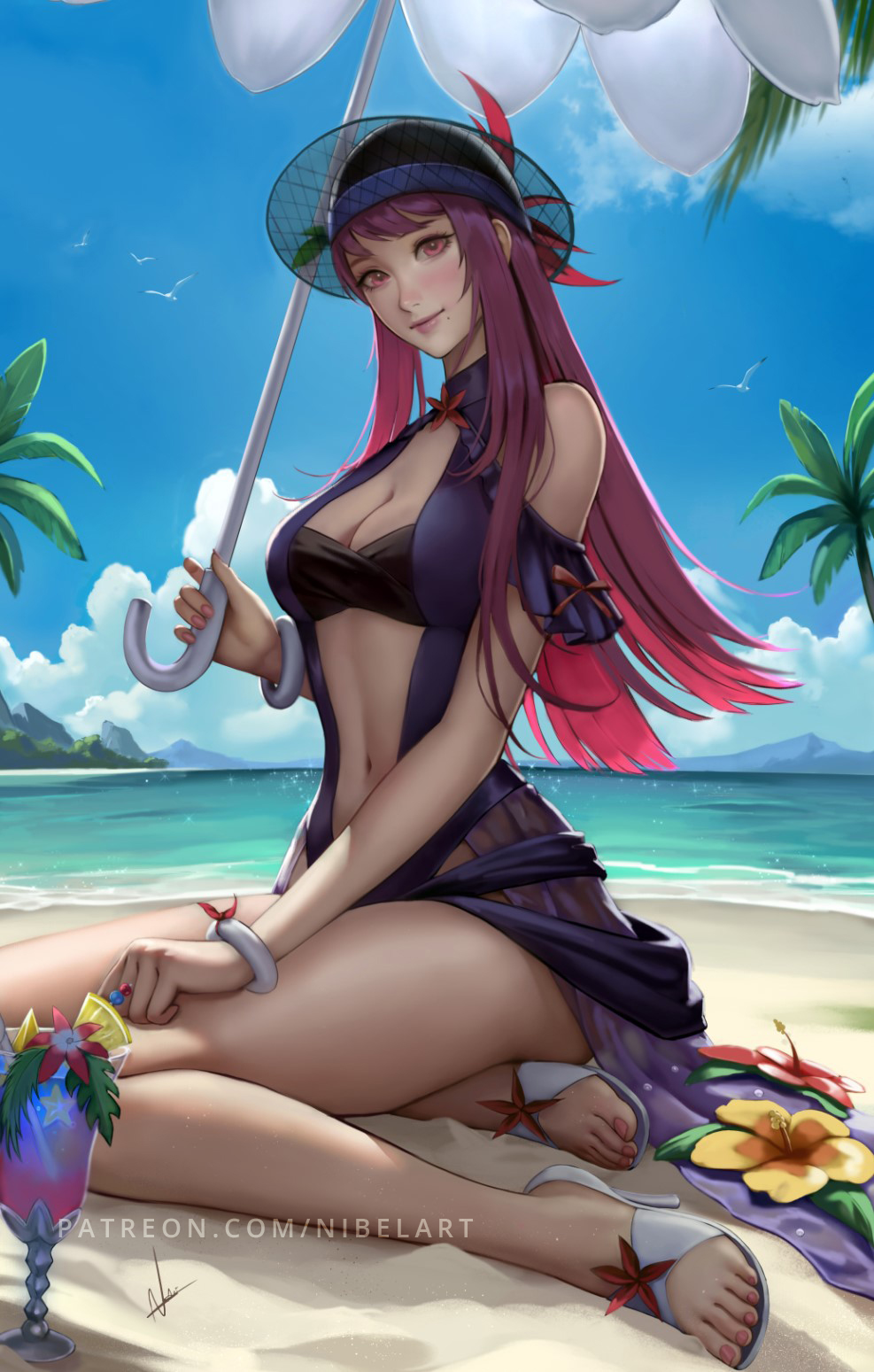 1girl, blue_one-piece_swimsuit, casual_one-piece_swimsuit, clothing_cutout, dress_swimsuit, fire_emblem, fire_emblem_engage, fire_emblem_heroes