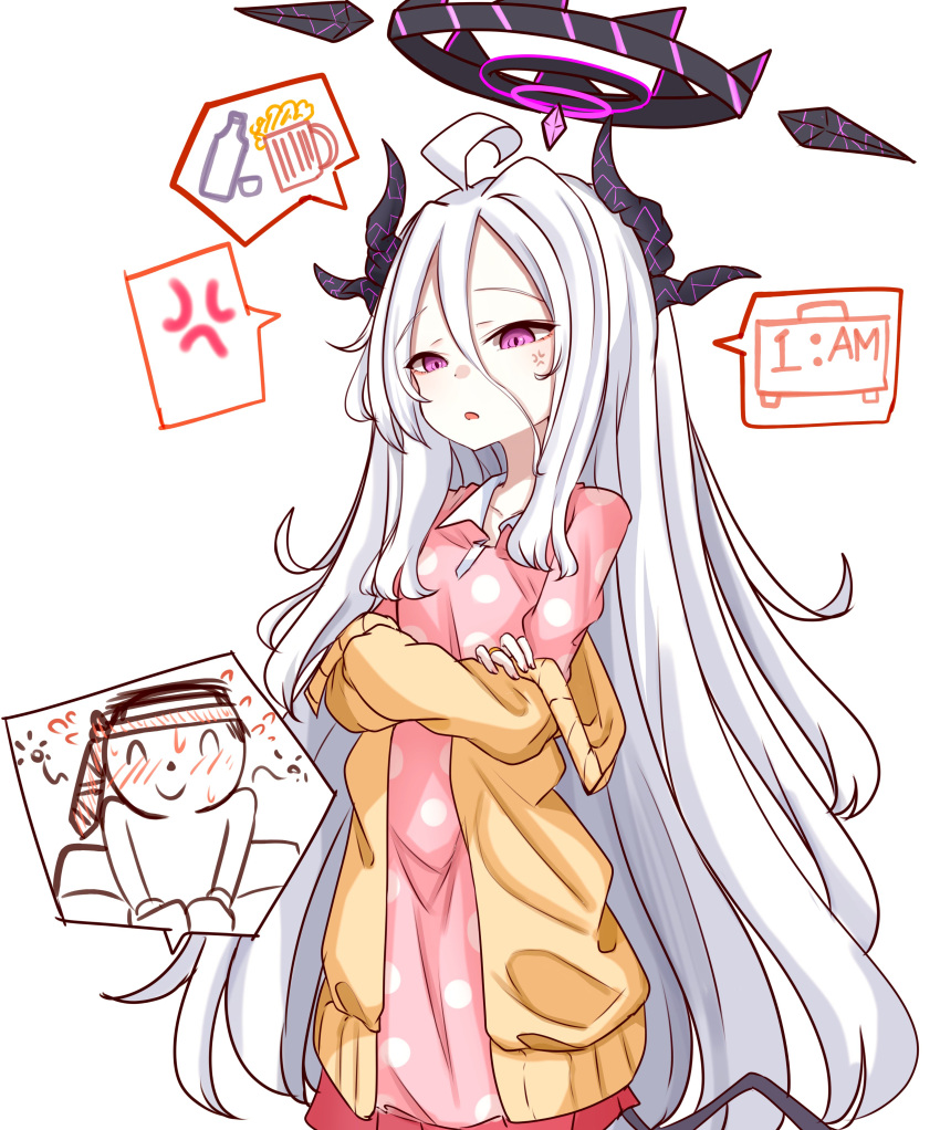 1boy, 1girl, absurdres, ahoge, alarm_clock, alcohol, anger_vein, angry