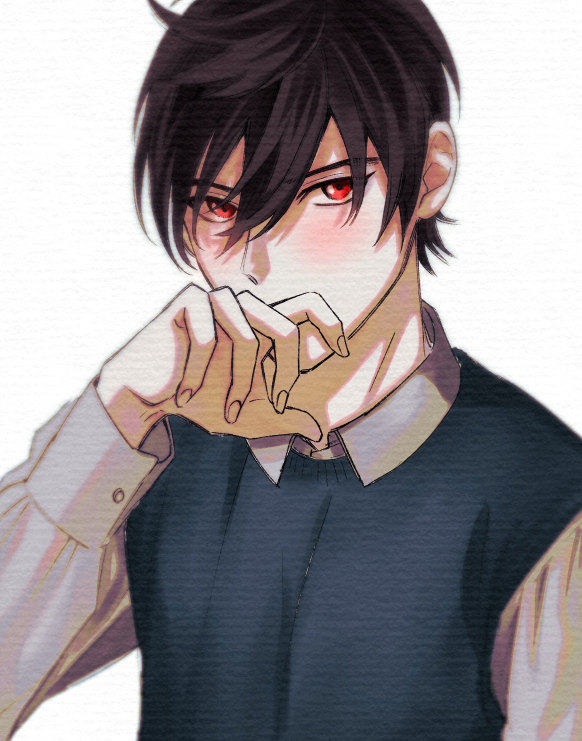 1boy, black_hair, blue_sweater_vest, blush, collared_shirt, covered_mouth, embarrassed, habataki_academy_school_uniform