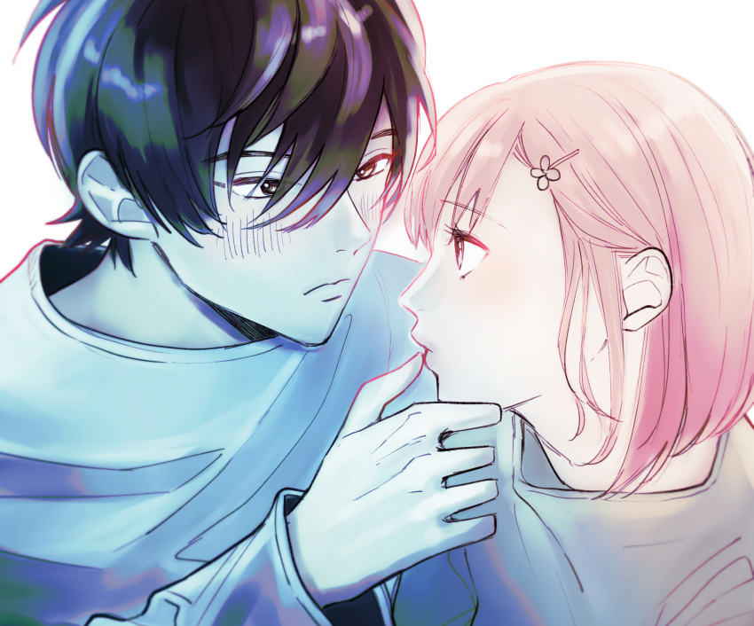1boy, 1girl, black_hair, bob_cut, clover_hair_ornament, couple, eye_contact, finger_to_another's_mouth