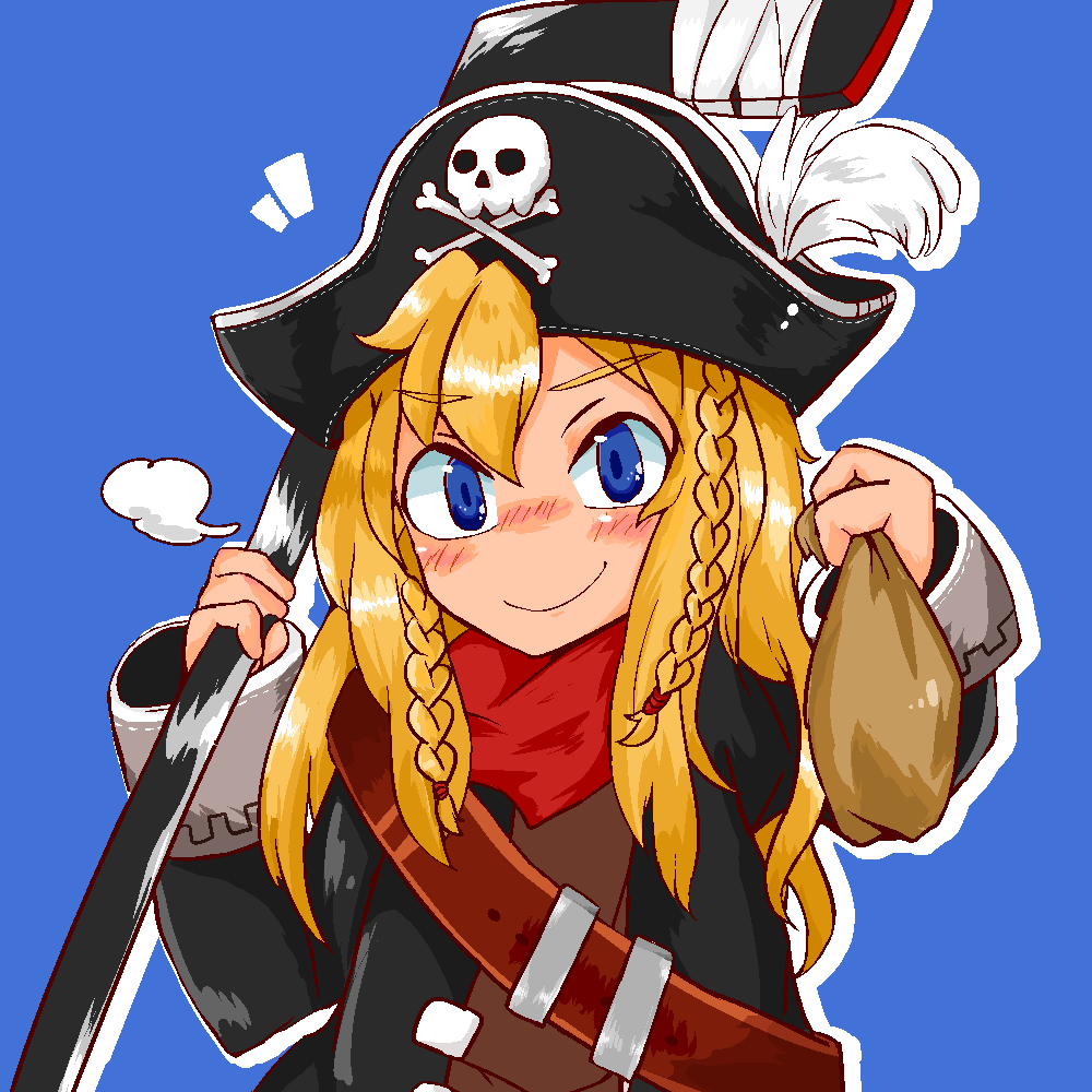 1boy, bag, blonde_hair, blue_background, blue_hair, blush, camb_hkbk, closed_mouth, epic_battle_fantasy, hat, hockey_stick, holding, holding_bag, holding_weapon, improvised_weapon, long_hair, long_sleeves, looking_at_viewer, male_focus, matt_(epic_battle_fantasy), neckerchief, nose_blush, pirate_hat, red_neckerchief, simple_background, skull_and_crossbones, smile, solo, weapon