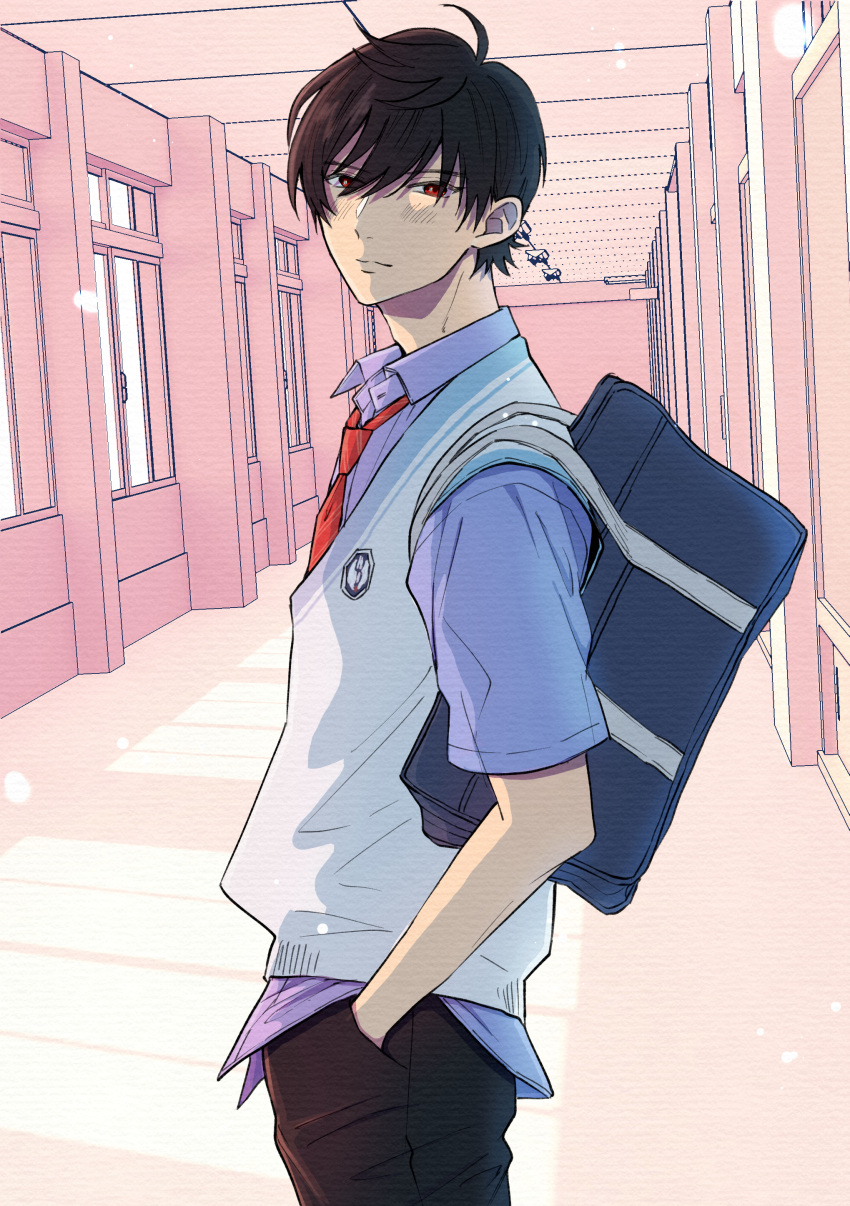 1boy, absurdres, bag, black_hair, black_pants, blue_shirt, blush, ceiling