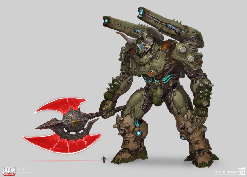 1other, atlan_(doom_eternal), axe, concept_art, copyright_name, doom_(series), doom_eternal, emerson_tung, energy_axe, english_text, grey_background, highres, holding, holding_axe, id_software, logo, mecha, mecha_focus, robot, science_fiction