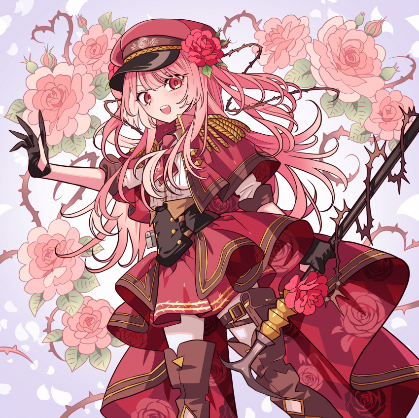 1girl, :d, black_gloves, boots, capelet, epaulettes, feet_out_of_frame, floral_background