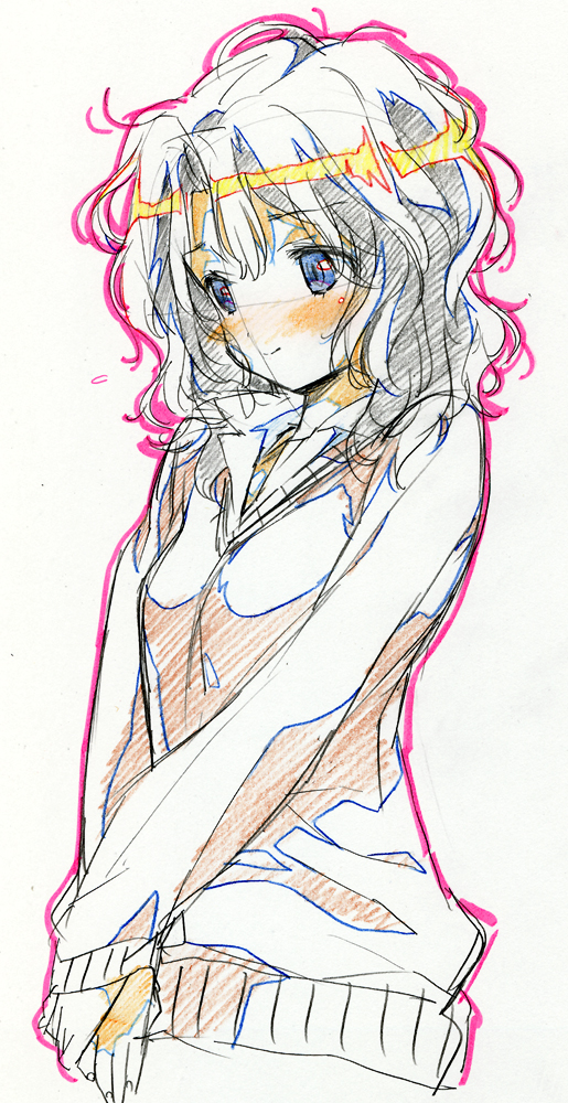 1girl, amagami, blush, face, messy_hair, midori_kouichi, production_art, sketch