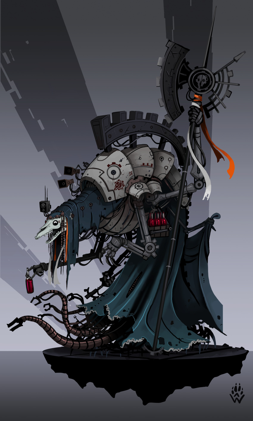 1girl, ^_^, absurdres, adeptus_mechanicus, adeptus_mechanicus_(symbol), ambiguous_red_liquid, animal_skull, artificial_eye, bottle, celtic_mythology, closed_eyes, commentary, cyborg, english_commentary, equine_skull, extra_arms, from_side, full_body, gears, green_robe, happy, heterochromia, highres, holding, holding_bottle, holding_glass_bottle, magos_(warhammer), mari_lwyd, mechanical_arms, mechanical_eye, mechanical_legs, mechanical_parts, mechanical_tentacles, monster, open_mouth, orange_ribbon, original, red_eyes, ribbon, robe, skull_on_head, speaker, staff, standing, techpriest, teeth, torn_clothes, warhammer_40k, white_eyes, white_ribbon, wolfdawg_art