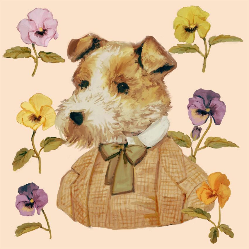 animal, animal_focus, ascot, black_eyes, clothed_animal, dress_shirt, flower, green_ascot, highres, jacket, leaf, no_humans, orange_flower, orange_jacket, orange_pansy, orange_vest, original, pansy, pink_background, pink_flower, pink_pansy, purple_flower, purple_pansy, shirt, simple_background, stalk, surrounded, terrier_(dog), tono_(rt0no), tweed, upper_body, vest, violet_(flower), yellow_flower, yellow_pansy