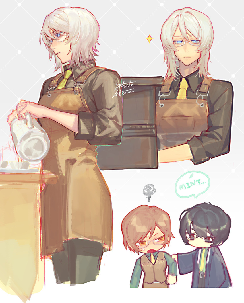 1boy, 2girls, apron, black_eyes, black_hair, black_shirt, blue_eyes, brown_apron