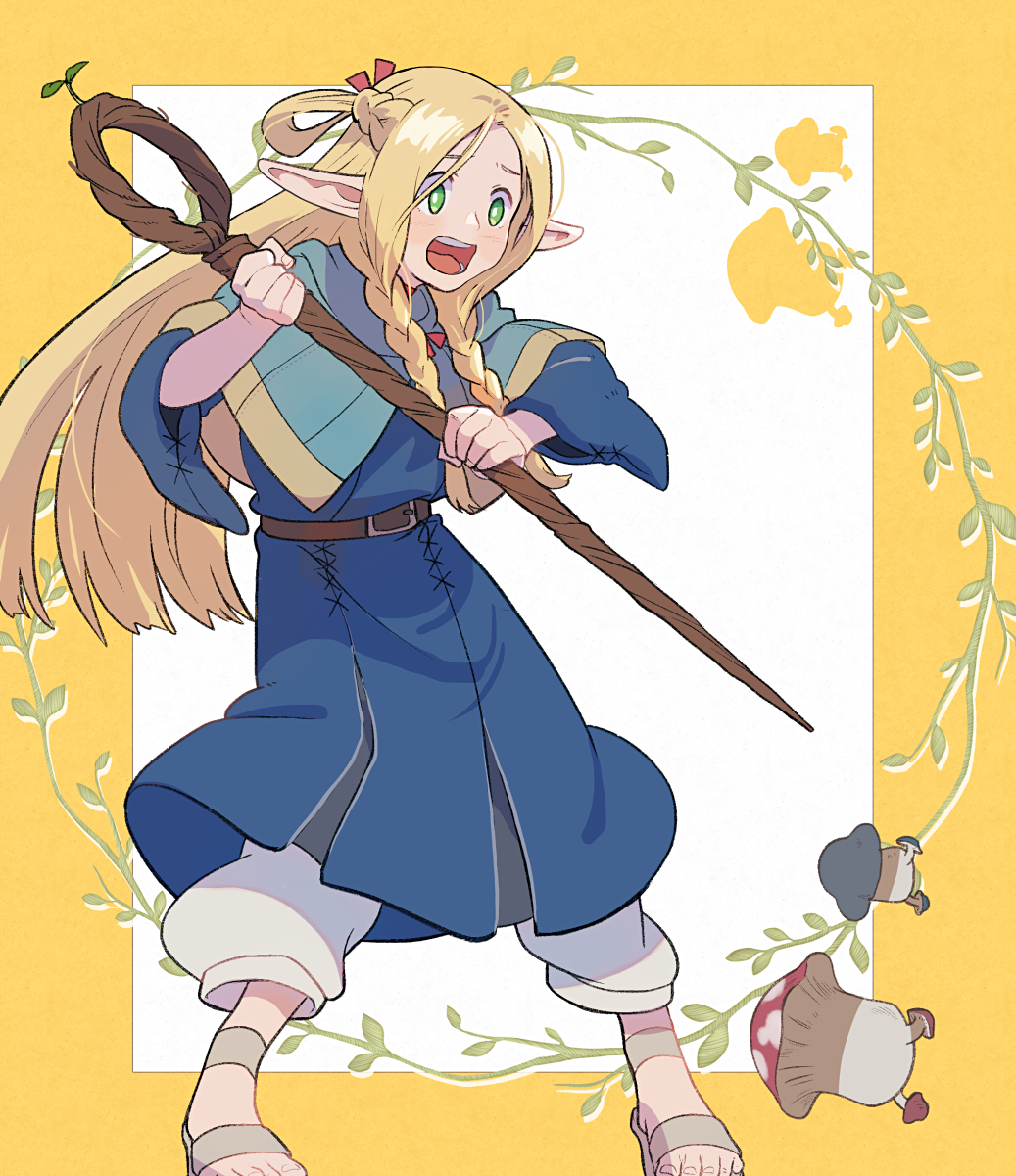 1girl, b-saku, belt, blonde_hair, blue_capelet, blue_robe, braid, capelet