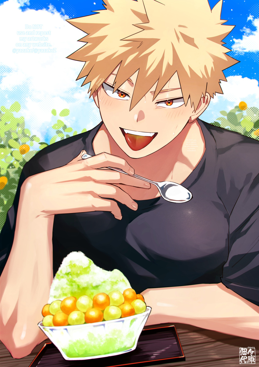 1boy, absurdres, bakugou_katsuki, black_shirt, blonde_hair, blush, boku_no_hero_academia, clouds