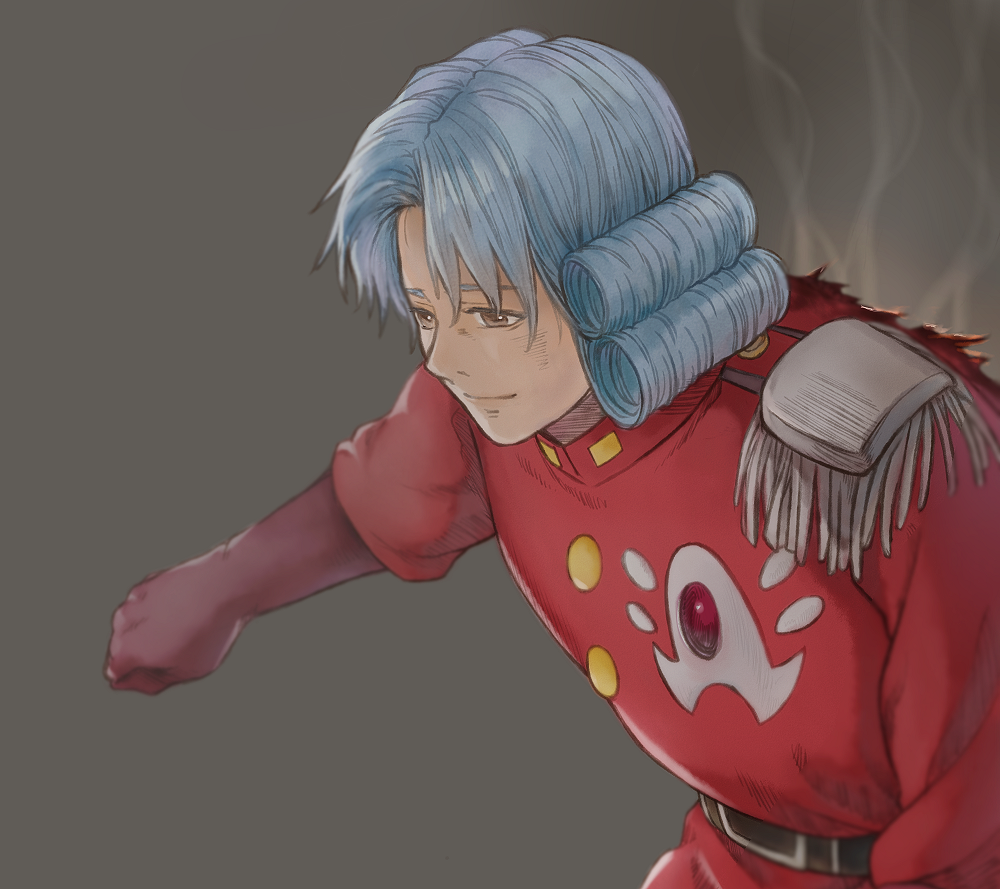 1boy, avan_de_ginual_the_third, b-saku, belt, blue_hair, blurry, brown_eyes, bruise