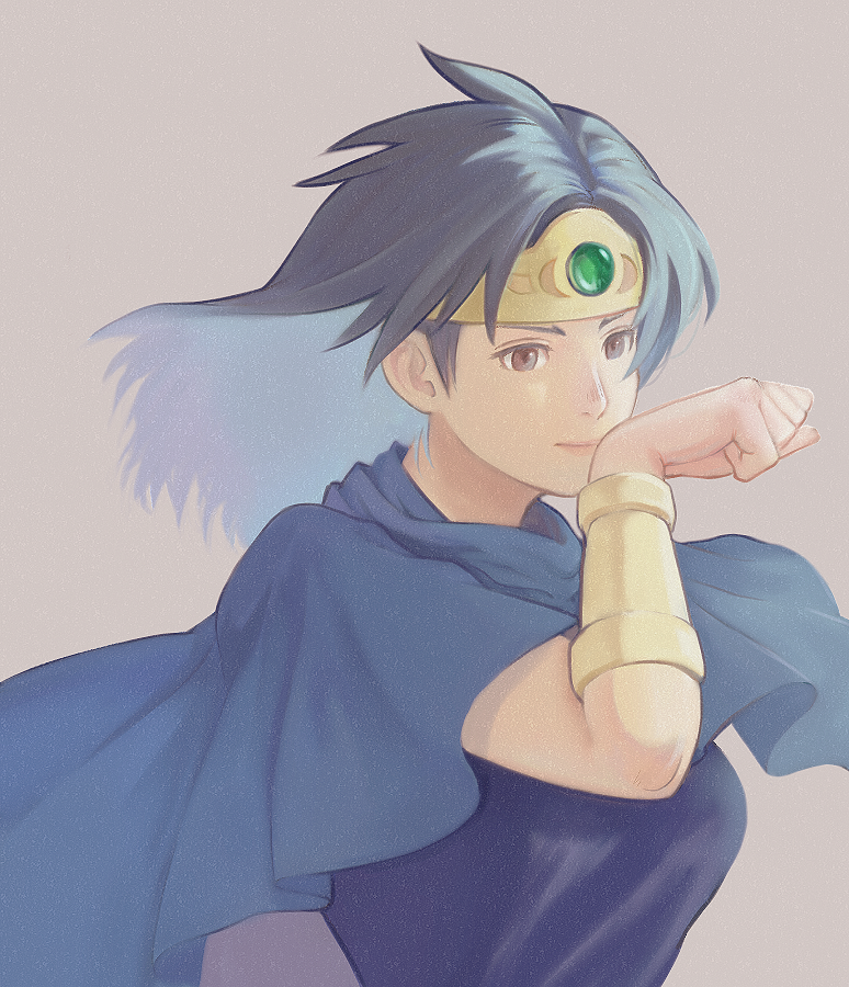 1girl, arm_guards, b-saku, blue_cloak, breasts, brown_eyes, cloak, closed_mouth