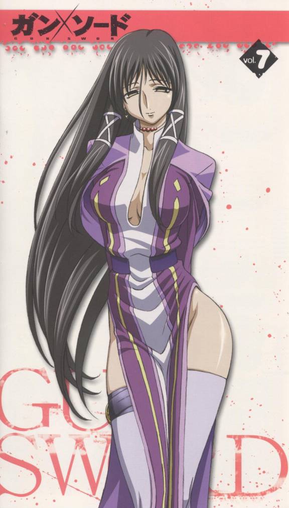 black_hair, breasts, cleavage, cover, empty_eyes, fasalina, gunxsword, long_hair