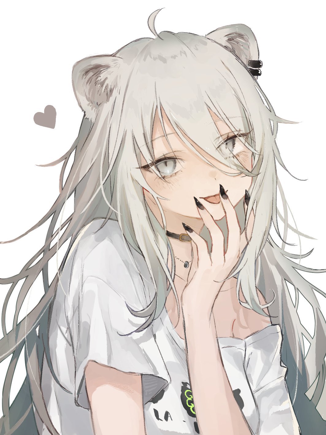 1girl, :p, animal_ear_piercing, animal_ears, black_choker, black_nails, choker, eyelashes, fangs, fingernails, grey_eyes, grey_hair, hair_between_eyes, heart, highres, hololive, jewelry, kumono_nnn, licking, licking_finger, lion_ears, lion_tail, long_fingernails, long_hair, long_hair_between_eyes, looking_at_viewer, loose_clothes, loose_shirt, makeup, mascara, messy_hair, nail_polish, necklace, no_bra, official_alternate_costume, official_alternate_hairstyle, sharp_fingernails, shirt, shishiro_botan, shishiro_botan_(4th_costume), simple_background, single_bare_shoulder, smile, solo, t-shirt, tail, tongue, tongue_out, upper_body, virtual_youtuber, white_background, white_shirt