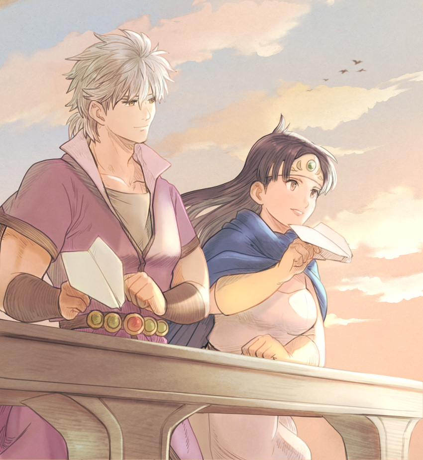 1boy, 1girl, arm_guards, b-saku, belt, bird, black_hair, blue_cloak